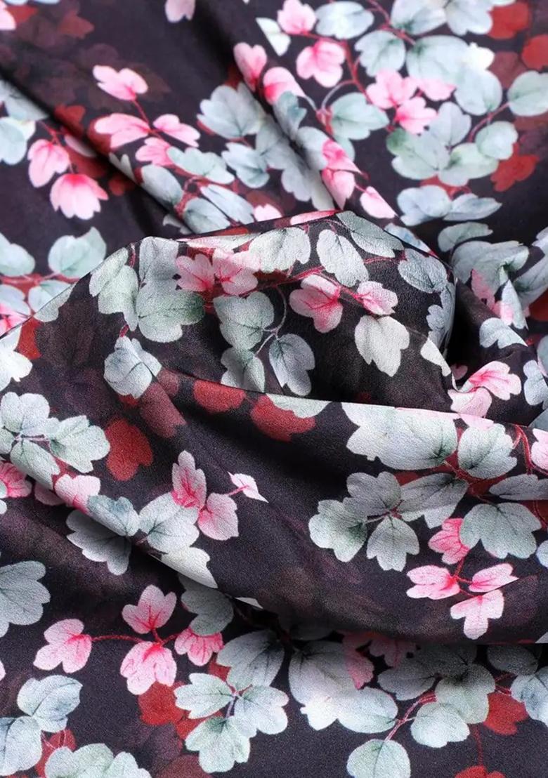 Navy Blue Crepe Floral Printed Fusion Set - Indya