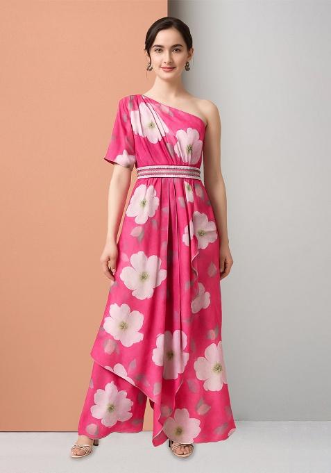 Pink Crepe Floral Printed Fusion Set