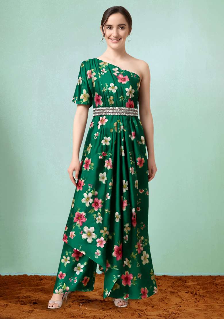 Teal Green Crepe Fusion Set with Floral Printed for Diwali | Wedding & Festive Wear - Indya