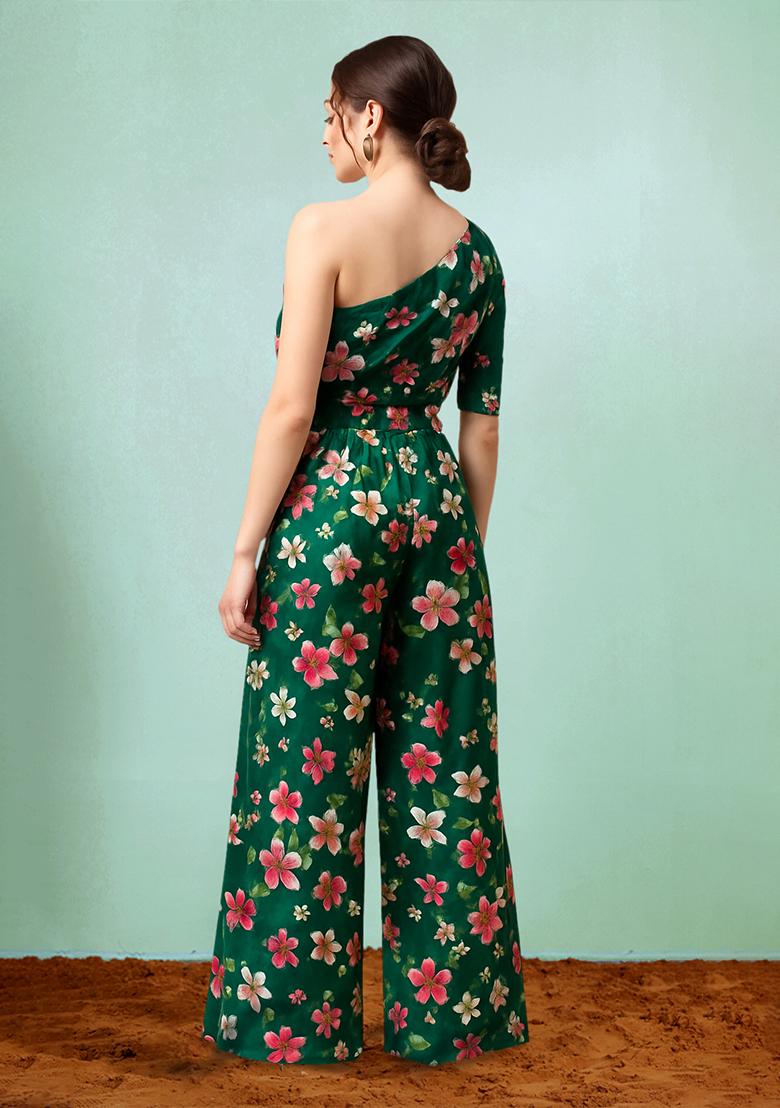 Teal Green Crepe Floral Printed Fusion Set - Indya