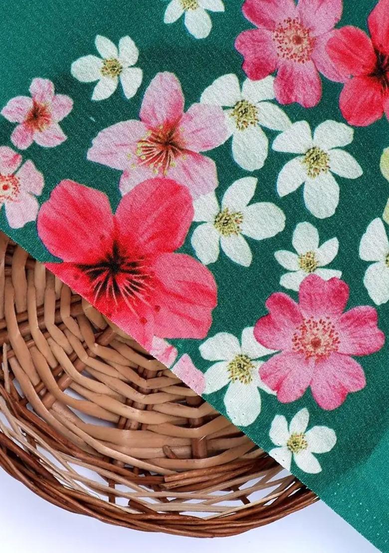 Teal Green Crepe Floral Printed Fusion Set - Indya