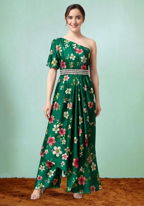 Teal Green Crepe Floral Printed Fusion Set