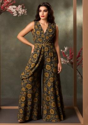 Black Floral Printed Georgette Fusion Set
