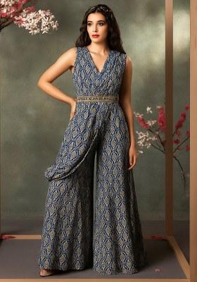 Blue Paisley Printed Georgette Fusion Set