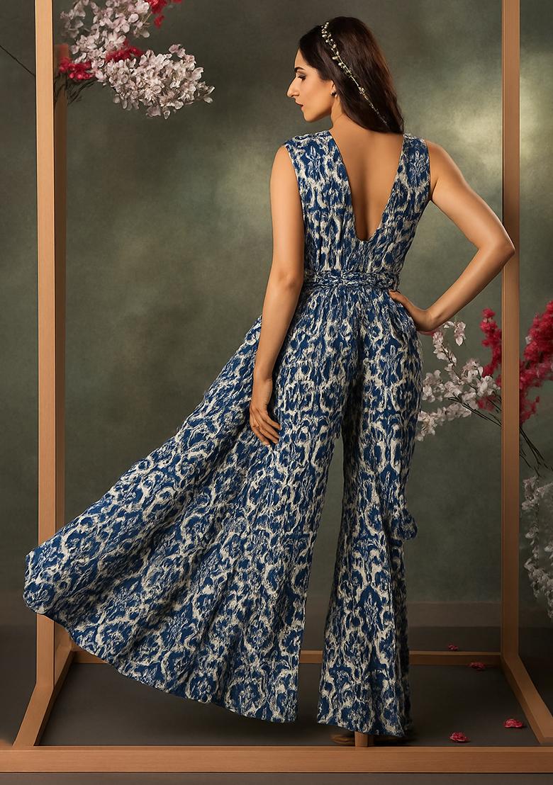 Blue Paisley Printed Georgette Fusion Set - Indya