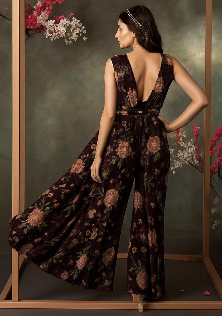 Wine Floral Printed Georgette Fusion Set - Indya