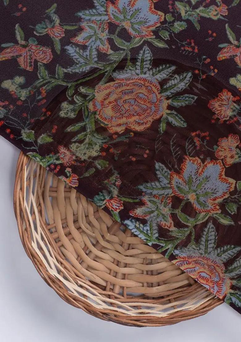 Wine Floral Printed Georgette Fusion Set - Indya