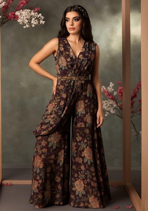 Wine Floral Printed Georgette Fusion Set