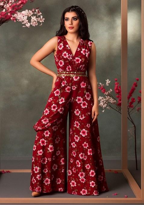 Maroon Floral Printed Georgette Fusion Set