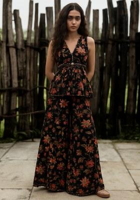 Black Floral Printed Georgette Short Kurta With Palazzo