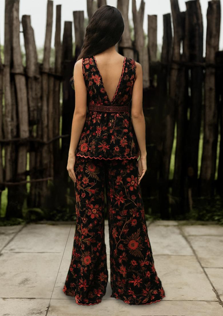 Black Floral Printed Georgette Short Kurta With Palazzo - Indya