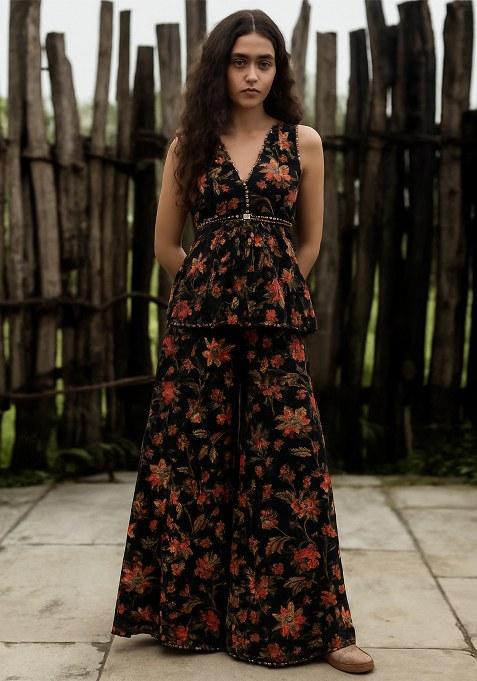 Black Floral Printed Georgette Short Kurta With Palazzo