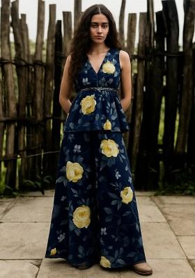 Blue Floral Printed Georgette Short Kurta With Palazzo