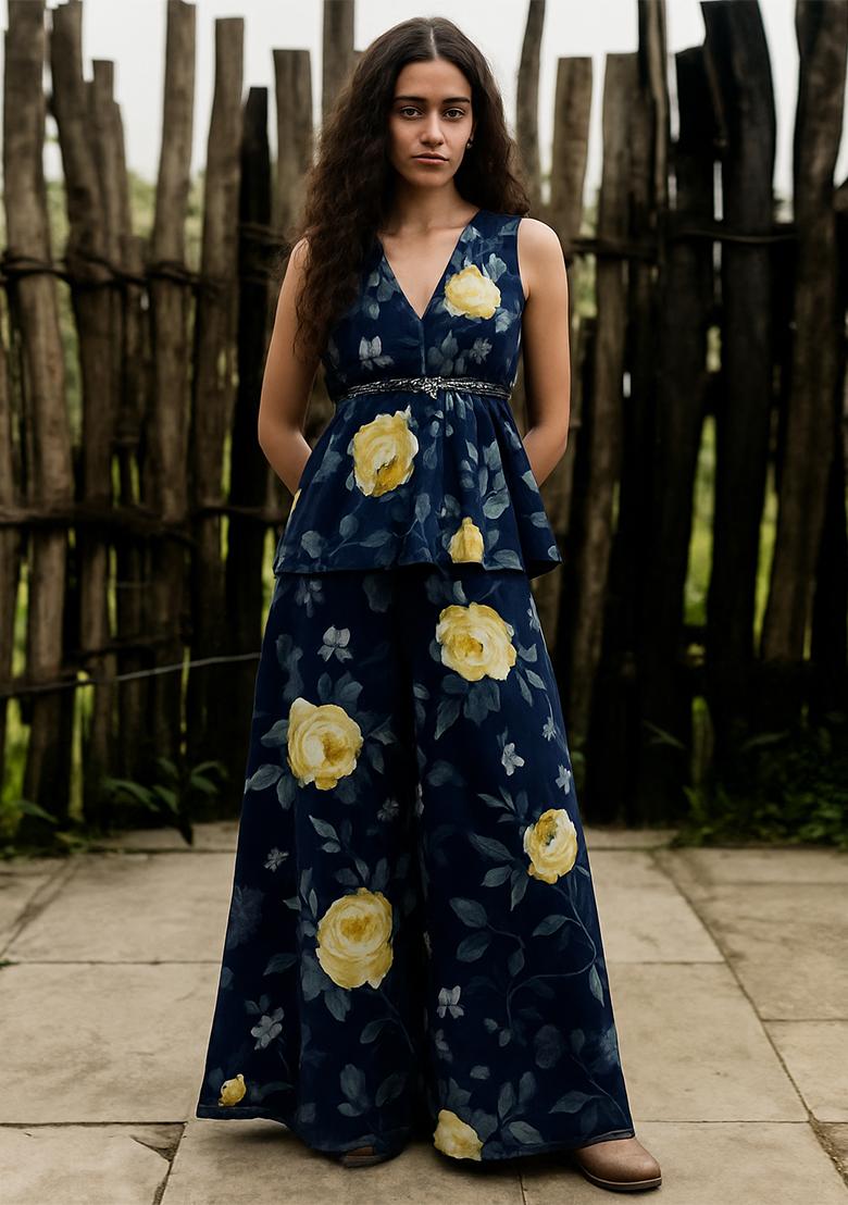 Blue Floral Printed Georgette Short Kurta With Palazzo