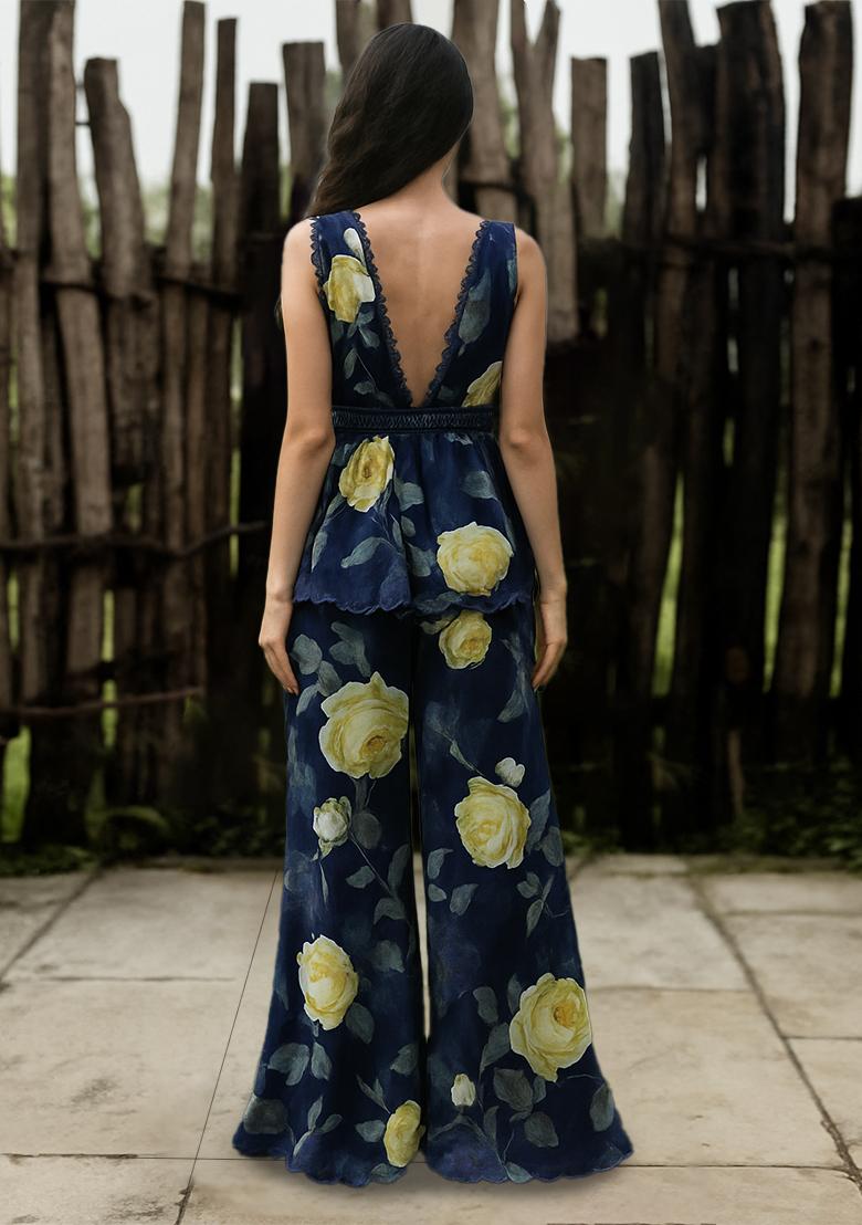 Blue Floral Printed Georgette Short Kurta With Palazzo - Indya