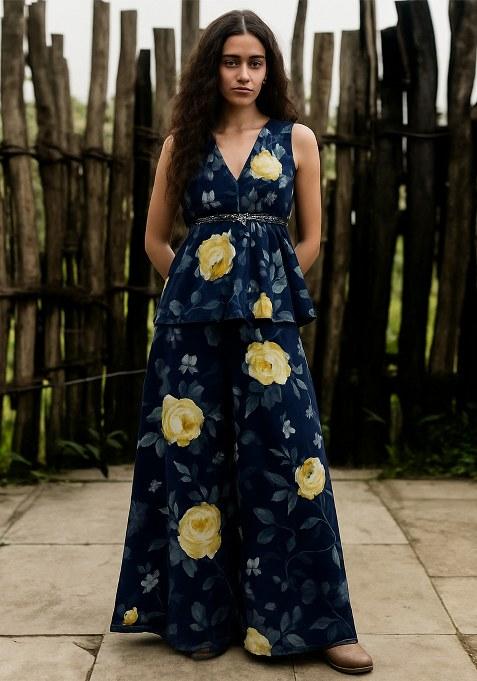 Blue Floral Printed Georgette Short Kurta With Palazzo