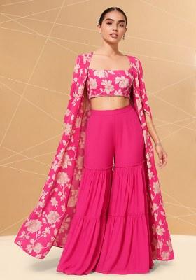 Pink Satin Floral Printed Fusion Set