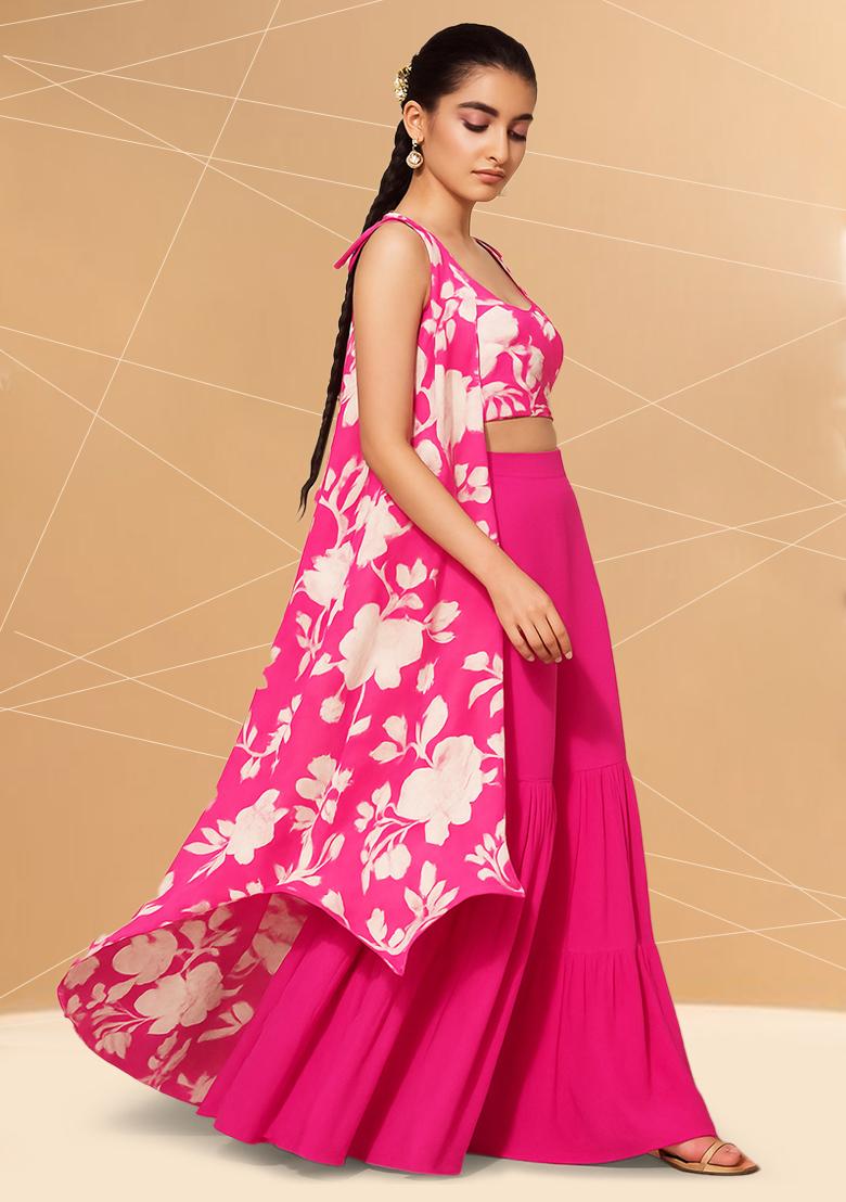 Pink Satin Floral Printed Fusion Set - Indya