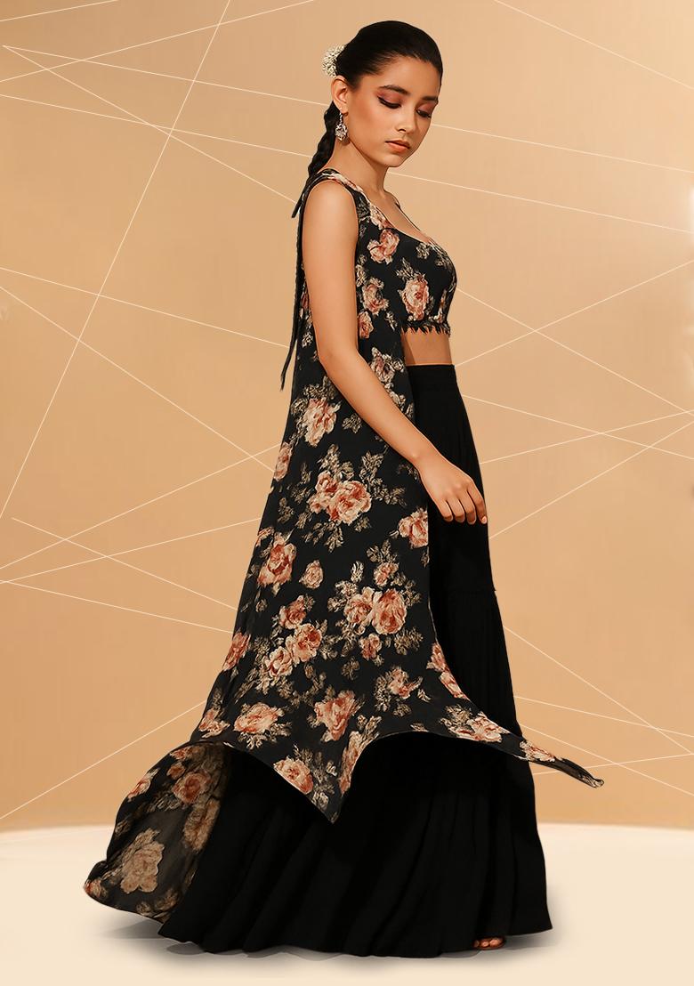 Black Satin Floral Printed Fusion Set - Indya