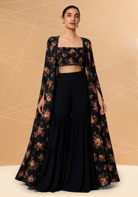Black Satin Floral Printed Fusion Set