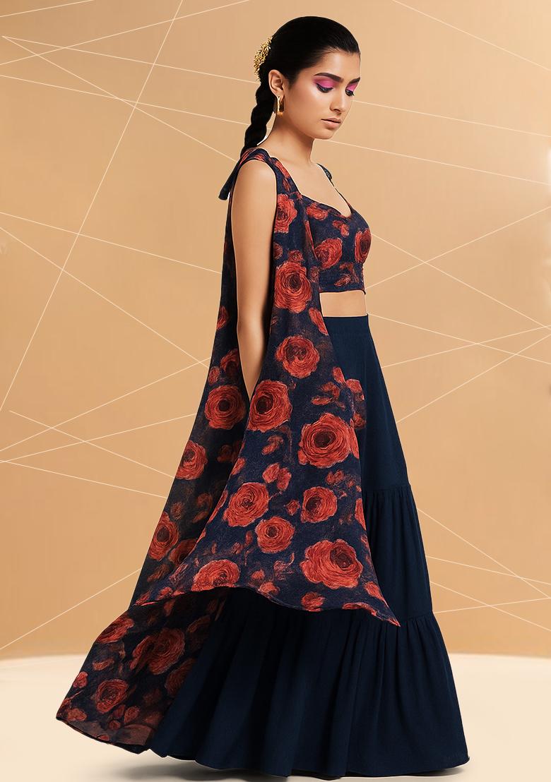 Dark Blue Chiffon Floral Printed Fusion Set - Indya