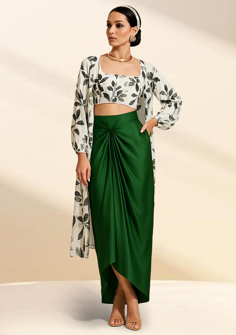 Green Floral Printed Satin Fusion Set