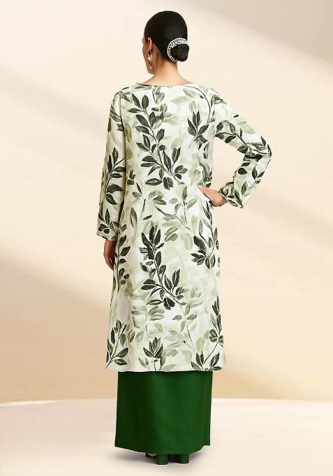 Green Floral Printed Satin Fusion Set