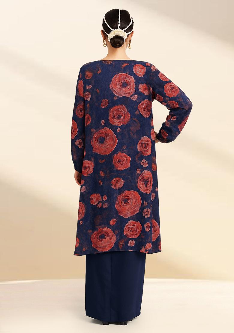 Dark Blue Floral Printed Chiffon Fusion Set - Indya