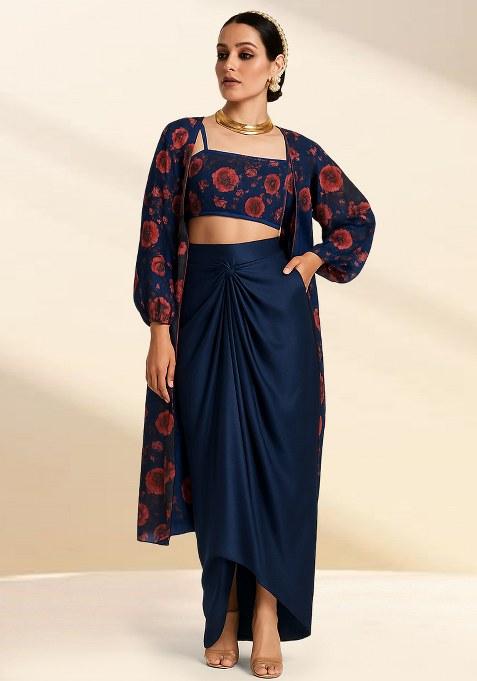 Dark Blue Floral Printed Chiffon Fusion Set