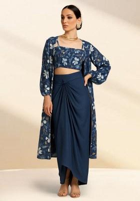 Blue Floral Printed Chiffon Fusion Set