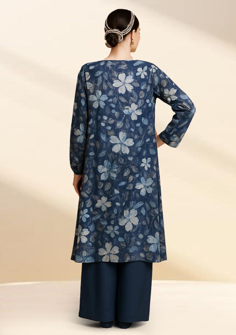 Blue Floral Printed Chiffon Fusion Set - Indya