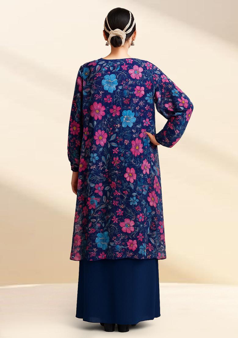 Navy Blue Floral Printed Organza Fusion Set - Indya