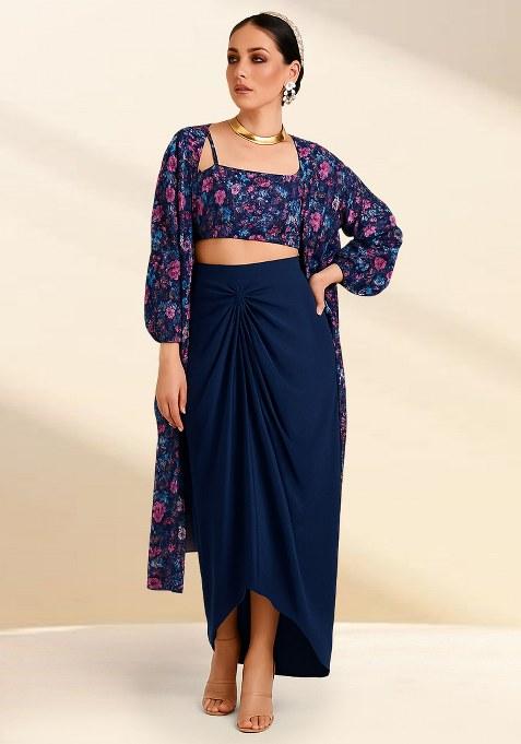 Navy Blue Floral Printed Organza Fusion Set