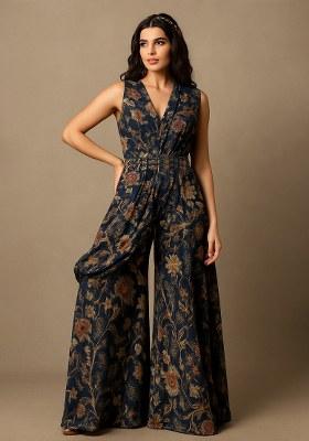 Black Crepe Floral Printed Fusion Set