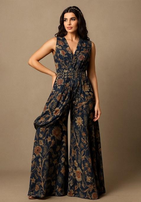 Black Crepe Floral Printed Fusion Set