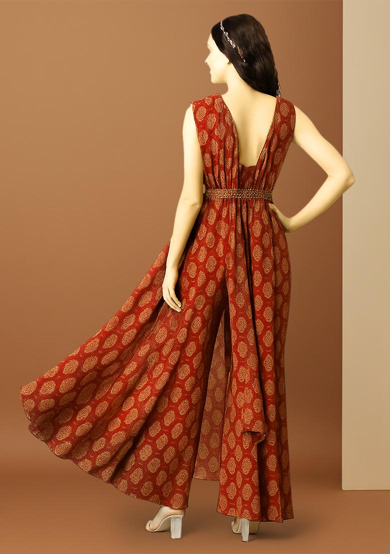 Red Crepe Paisley Printed Fusion Set - Indya