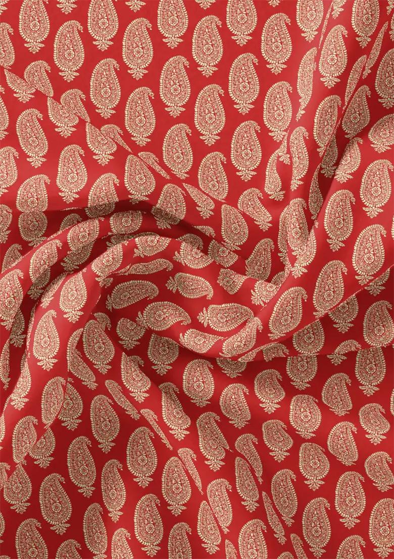 Red Crepe Paisley Printed Fusion Set - Indya