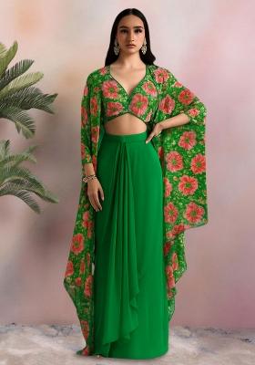 Green Printed Embroidered Blouse And Jacket Georgette Fusion Set