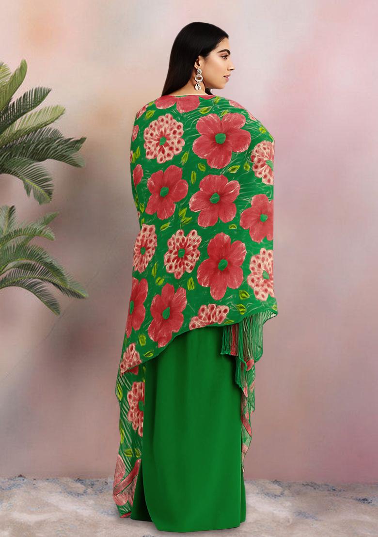 Green Printed Embroidered Blouse And Jacket Georgette Fusion Set - Indya