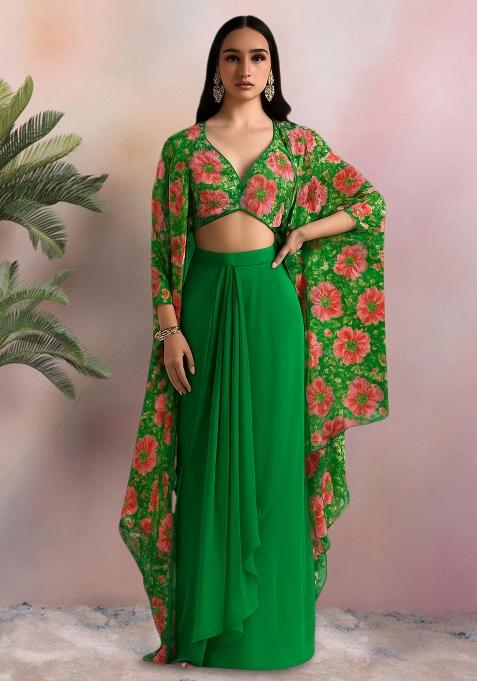 Green Printed Embroidered Blouse And Jacket Georgette Fusion Set