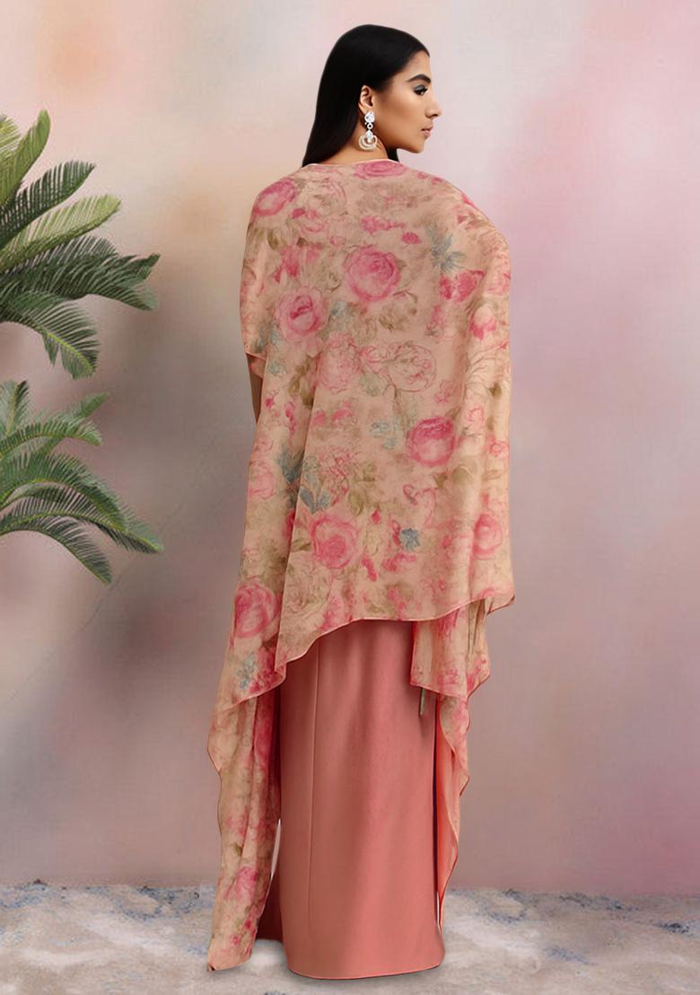 Peach Printed Embroidered Blouse And Jacket Georgette Fusion Set - Indya
