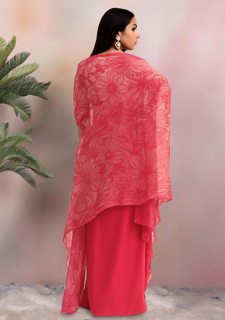 Pink Printed Embroidered Blouse And Jacket Georgette Fusion Set - Indya