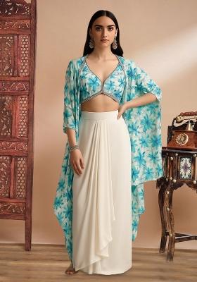 White And Blue Printed Embroidered Blouse And Jacket Georgette Fusion Set