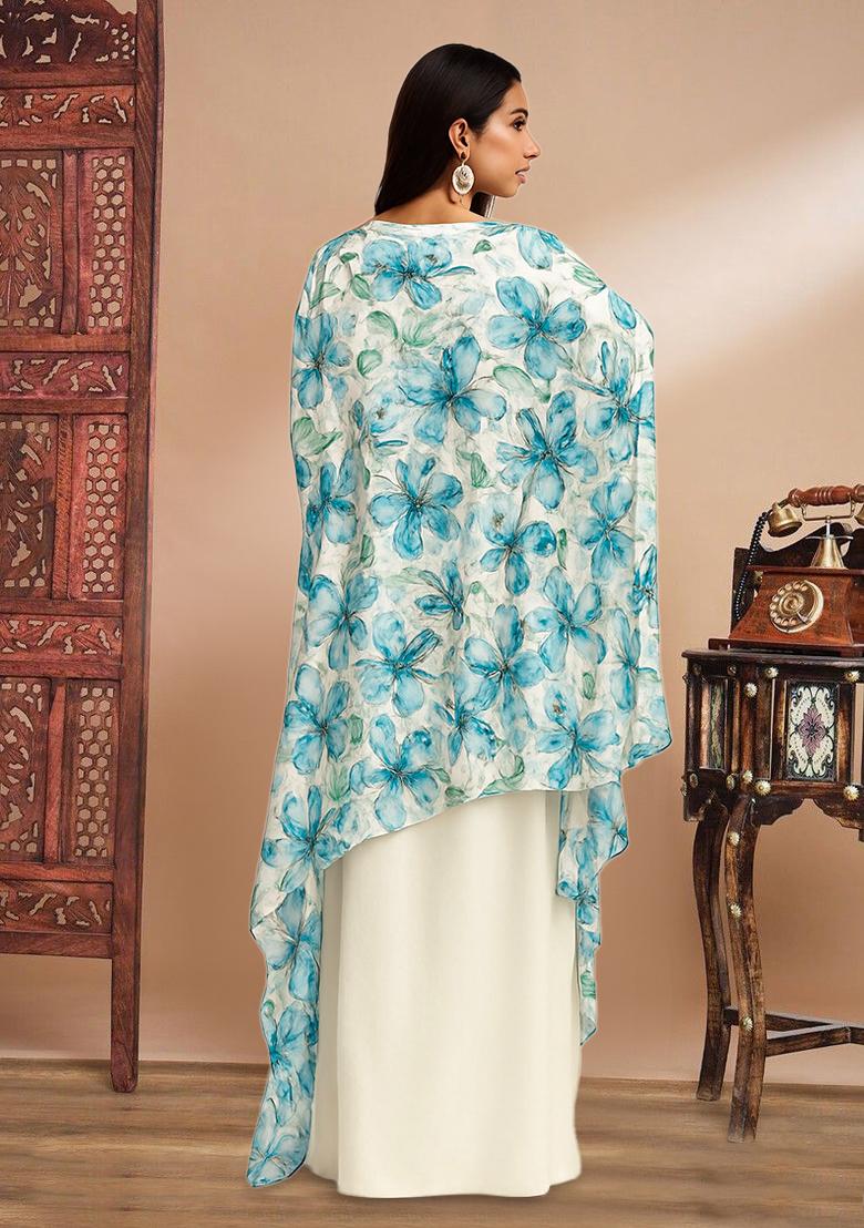 White And Blue Printed Embroidered Blouse And Jacket Georgette Fusion Set - Indya