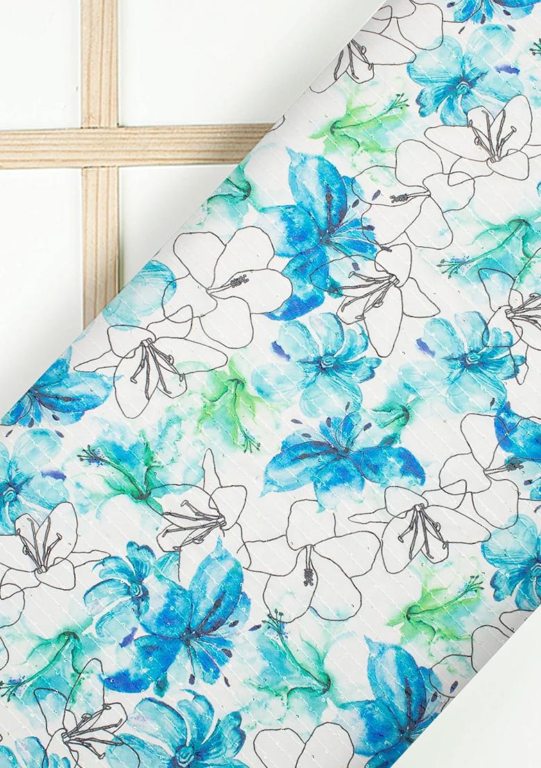 White And Blue Printed Embroidered Blouse And Jacket Georgette Fusion Set - Indya