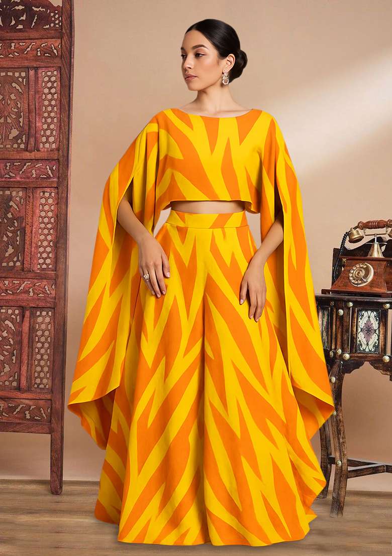 Yellow Printed Embroidered Georgette Fusion Set - Indya