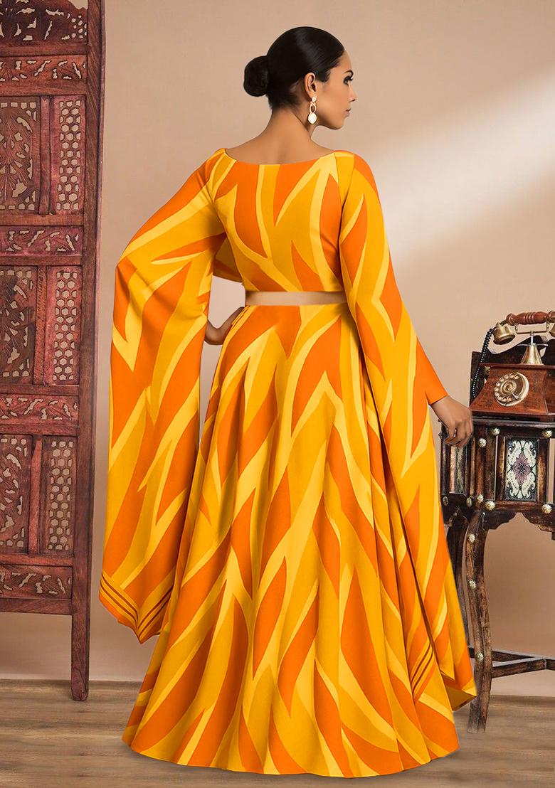 Yellow Printed Embroidered Georgette Fusion Set - Indya