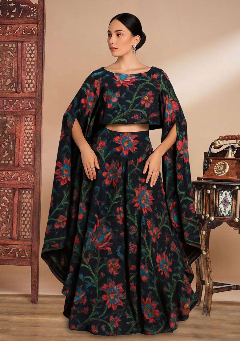 Black Printed Embroidered Georgette Fusion Set - Indya