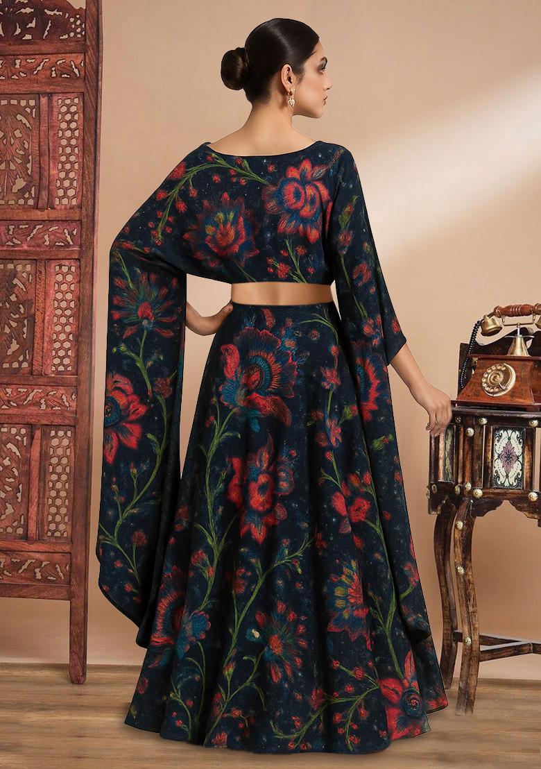 Black Printed Embroidered Georgette Fusion Set - Indya