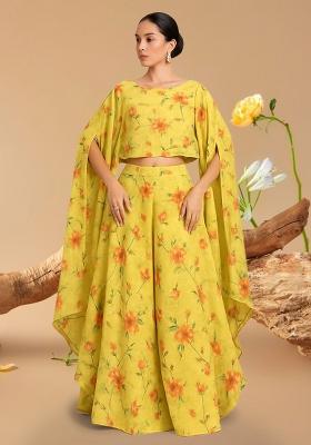 Light Yellow Printed Embroidered Georgette Fusion Set